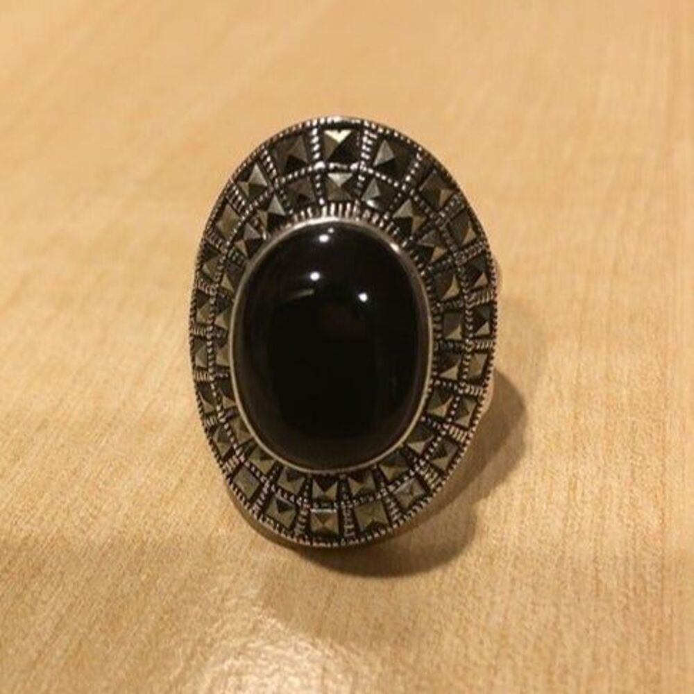 Vintage Stainless Steel Oval Black Cabochon Marcasite Statement Ring Size 10